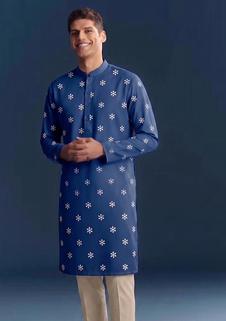 Royal Blue Handwork Silk Blend Kurta Set - Indya