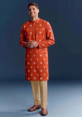 Rust Orange Handwork Silk Blend Kurta Set