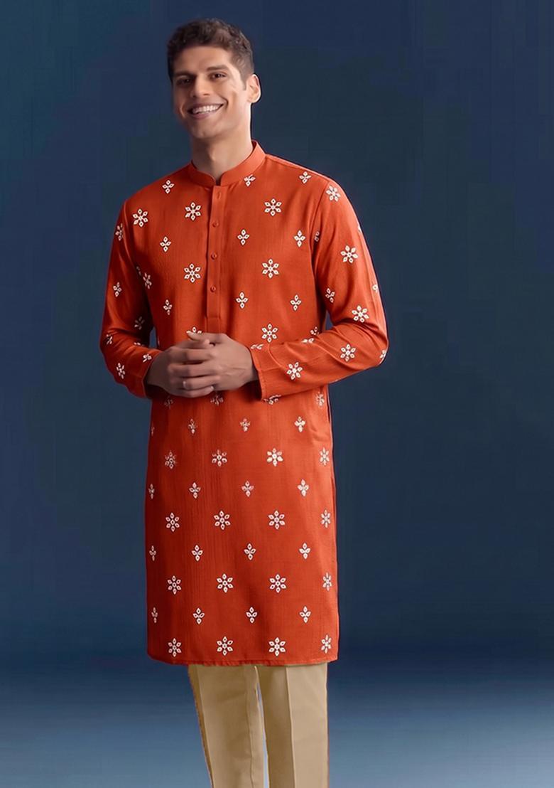 Rust Orange Handwork Silk Blend Kurta Set - Indya