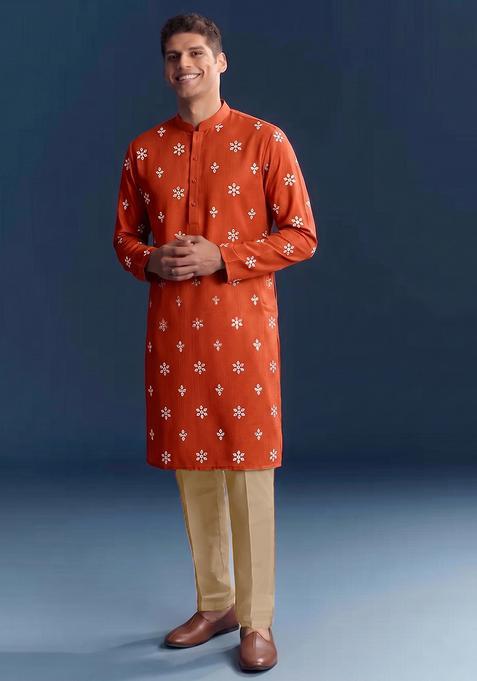 Rust Orange Handwork Silk Kurta Set