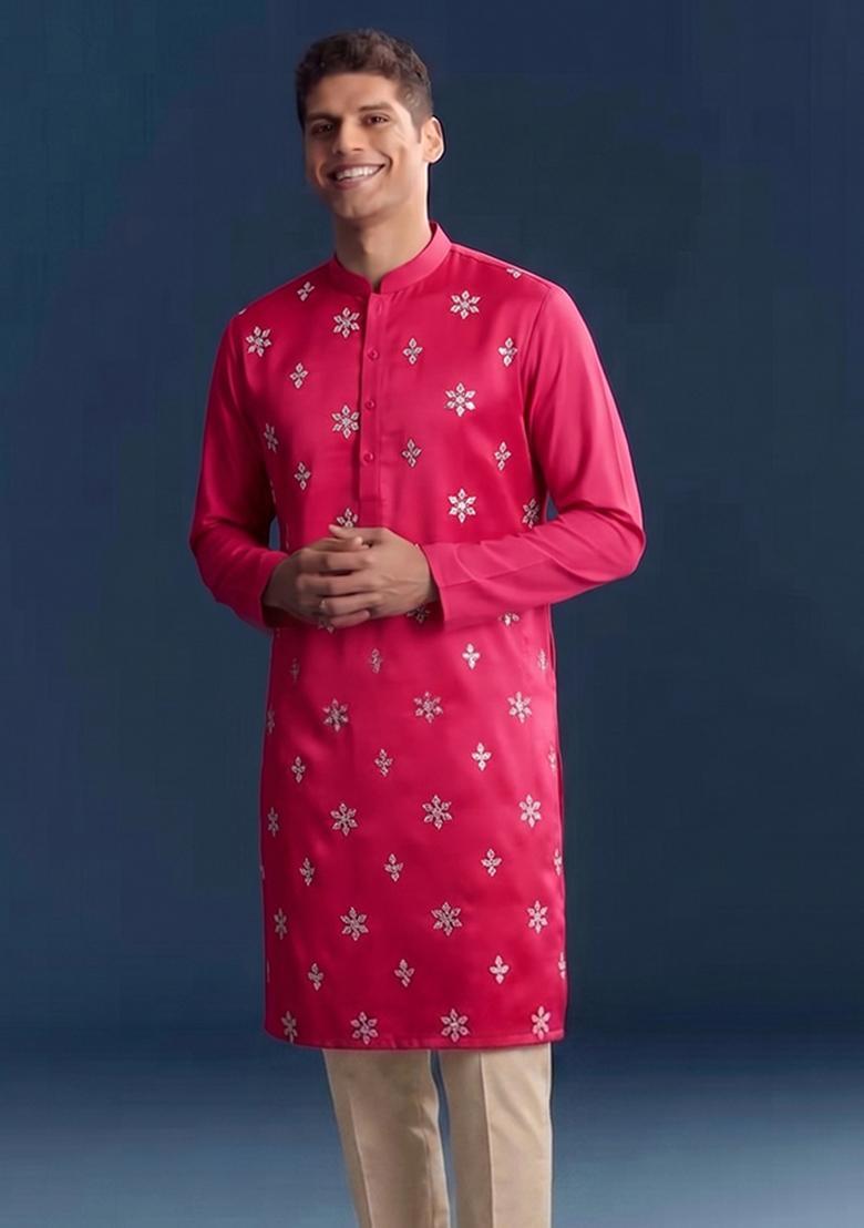 Rani Pink Handwork Silk Blend Kurta Set - Indya