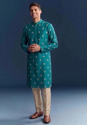 Teal Handwork Silk Blend Kurta Set