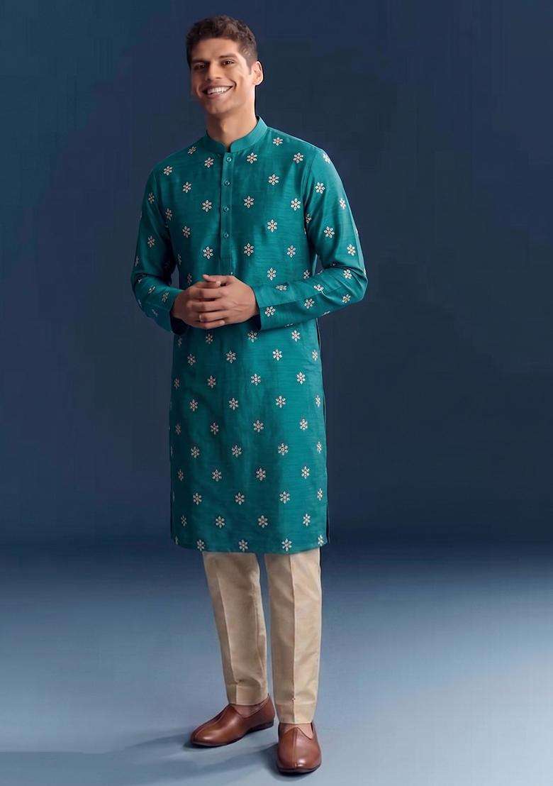 Teal Handwork Silk Blend Kurta Set - Indya
