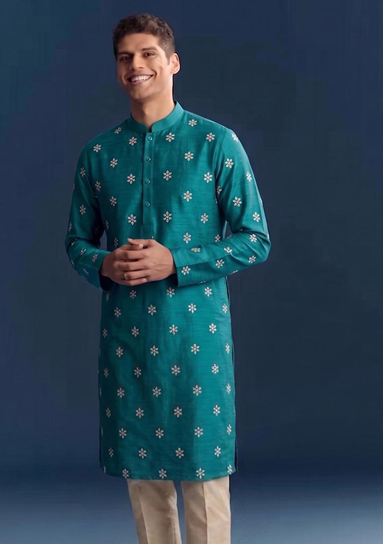 Teal Handwork Silk Blend Kurta Set - Indya