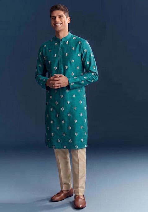 Teal Handwork Silk Kurta Set