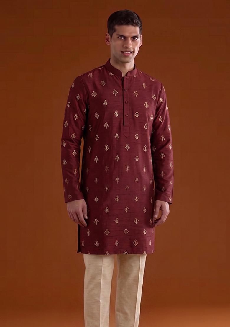 Maroon Handwork Satin Kurta Set - Indya