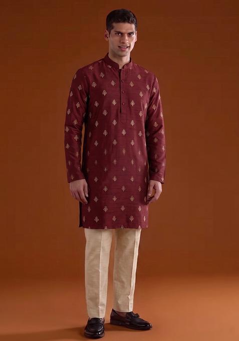 Maroon Handwork Satin Kurta Set