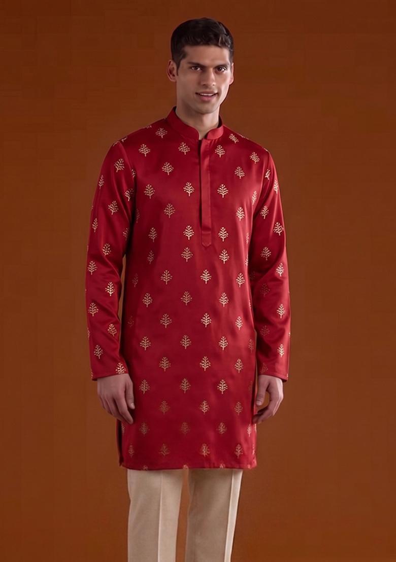 Red Handwork Satin Kurta Set - Indya