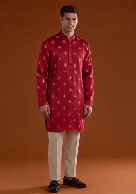 Red Handwork Satin Kurta Set