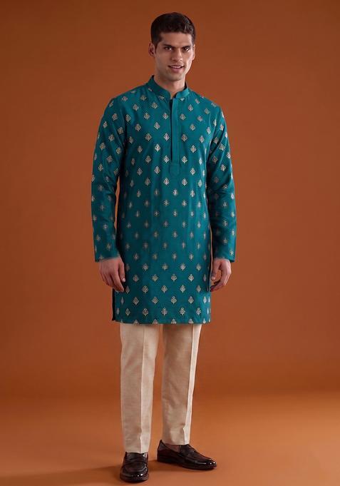 Teal Handwork Satin Kurta Set