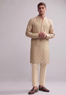 Beige Handwork Silk Blend Kurta Set