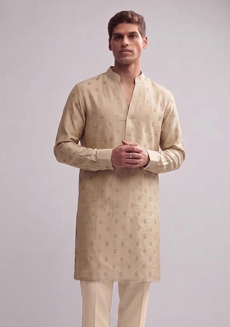 Beige Handwork Silk Blend Kurta Set - Indya