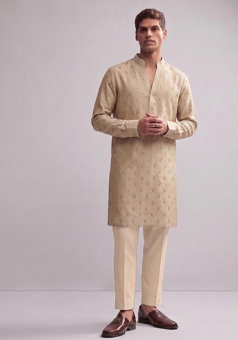 Beige Handwork Silk Kurta Set