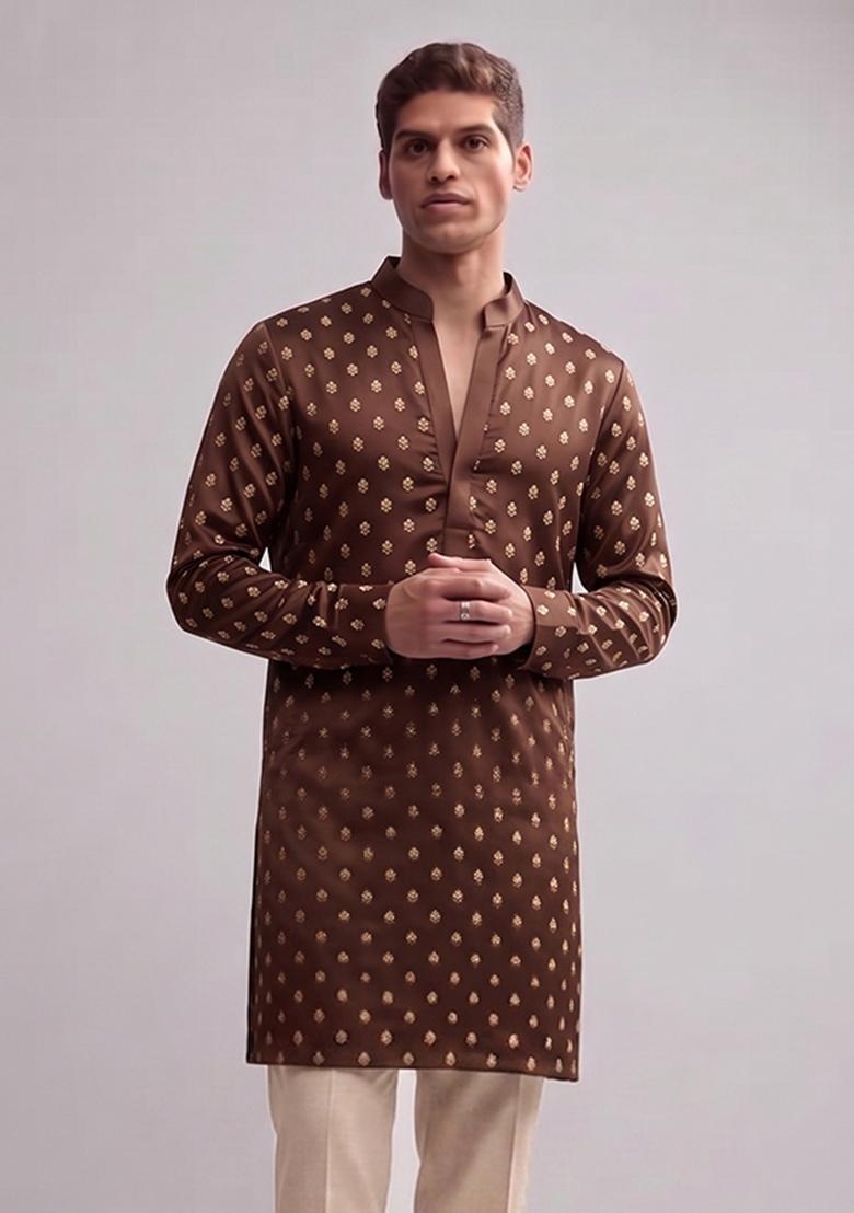 Brown Handwork Silk Blend Kurta Set - Indya