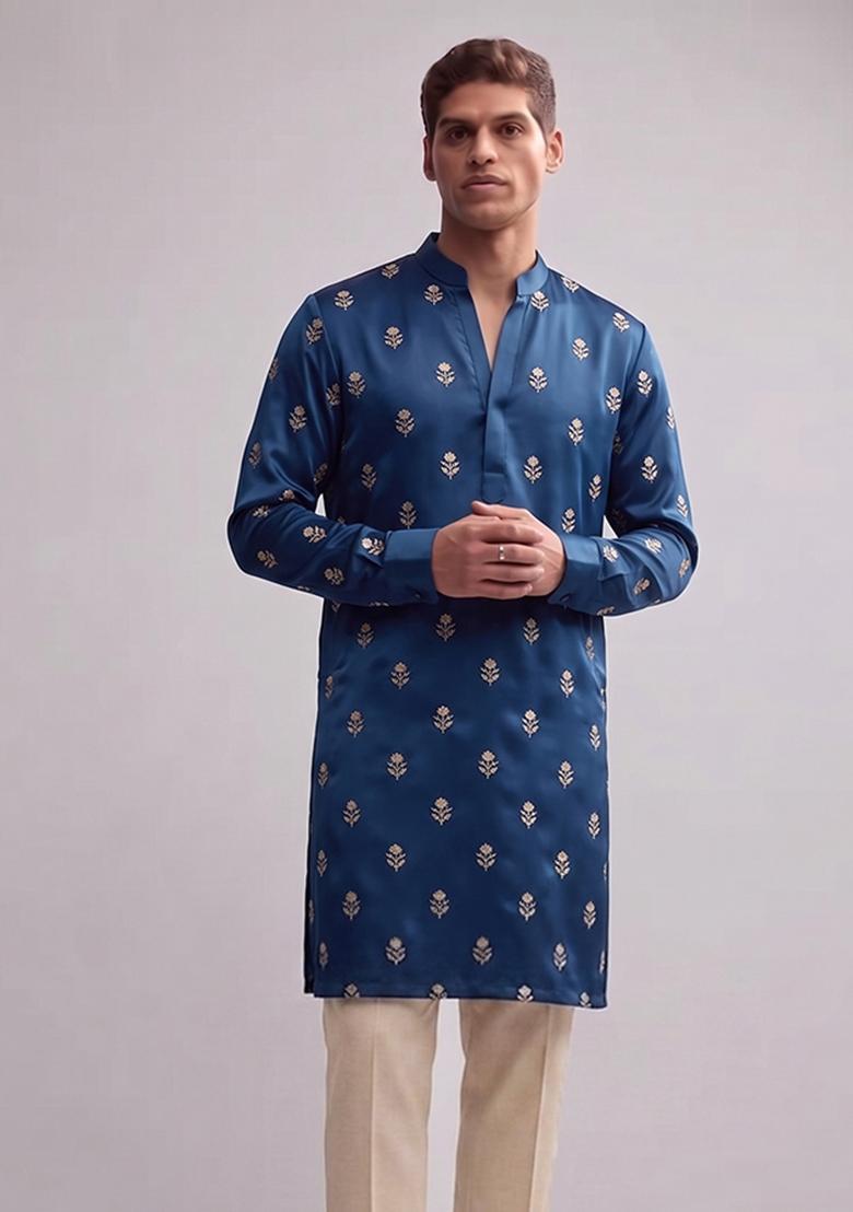 Royal Blue Handwork Silk Blend Kurta Set - Indya