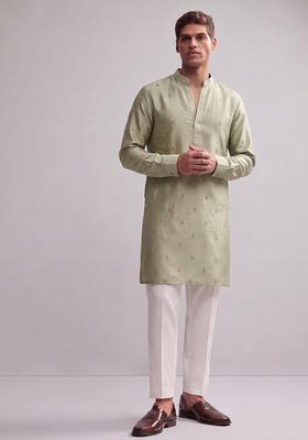 Pale Olive Handwork Kurta Set For Men
