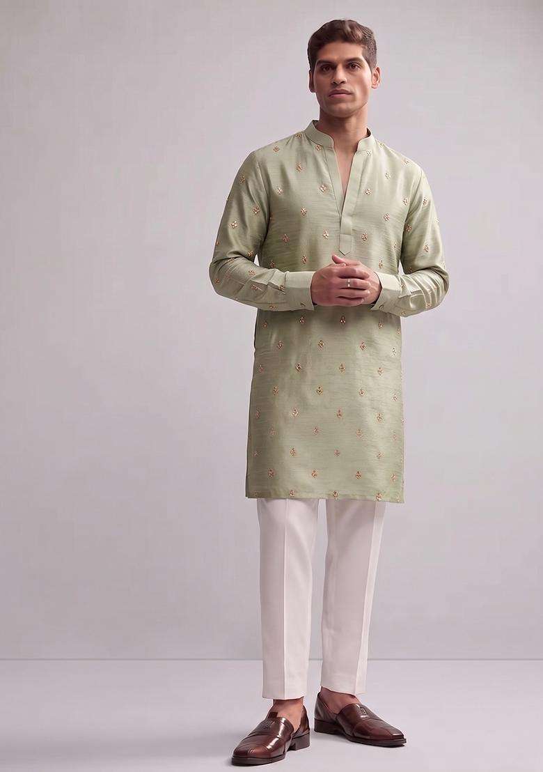 Pale Olive Handwork Kurta Set For Men - Indya