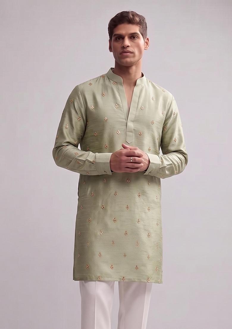 Pale Olive Handwork Kurta Set For Men - Indya