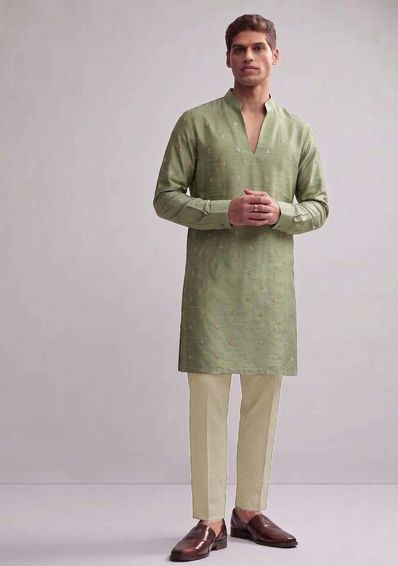 Olive Green Handwork Silk Blend Kurta Set - Indya