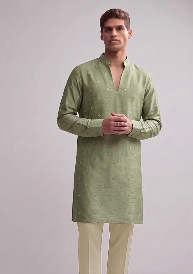 Olive Green Handwork Silk Blend Kurta Set - Indya