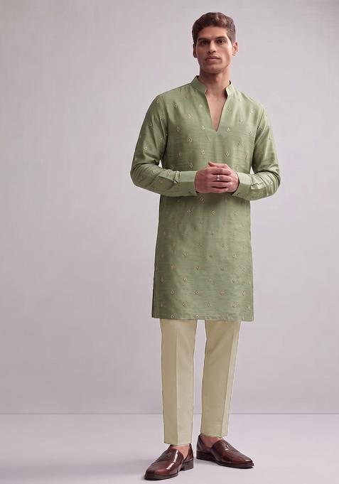 Olive Green Handwork Silk Kurta Set