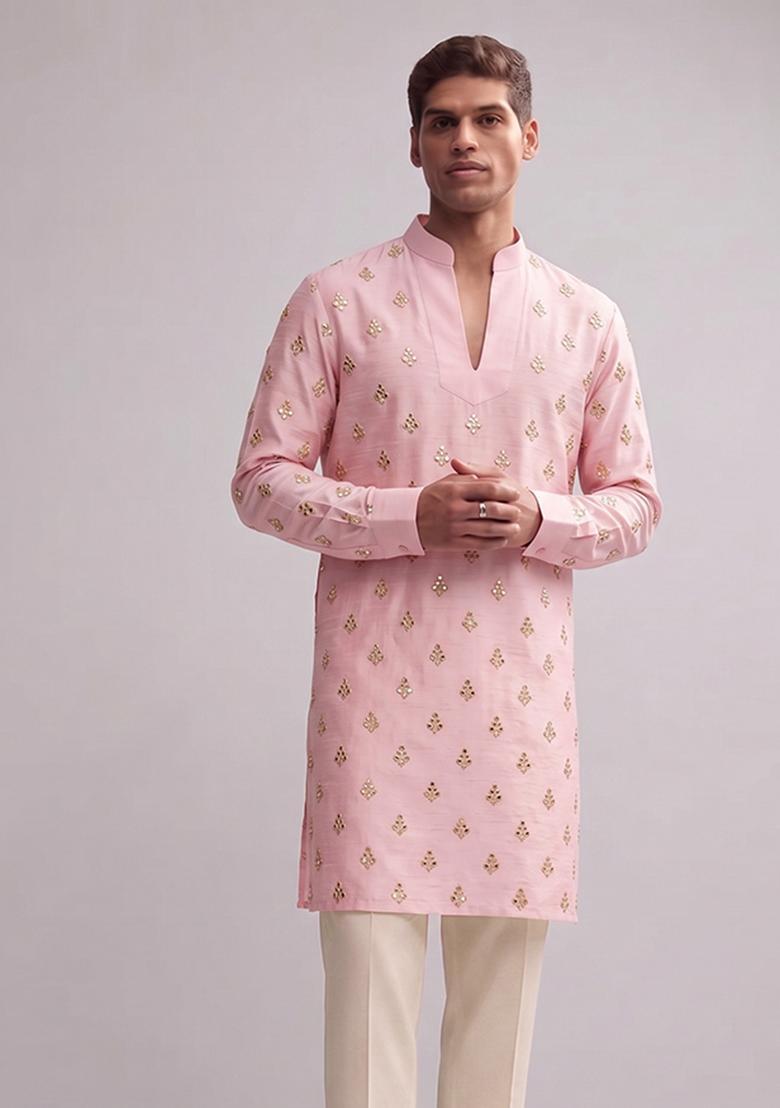 Light Pink Handwork Silk Blend Kurta Set - Indya