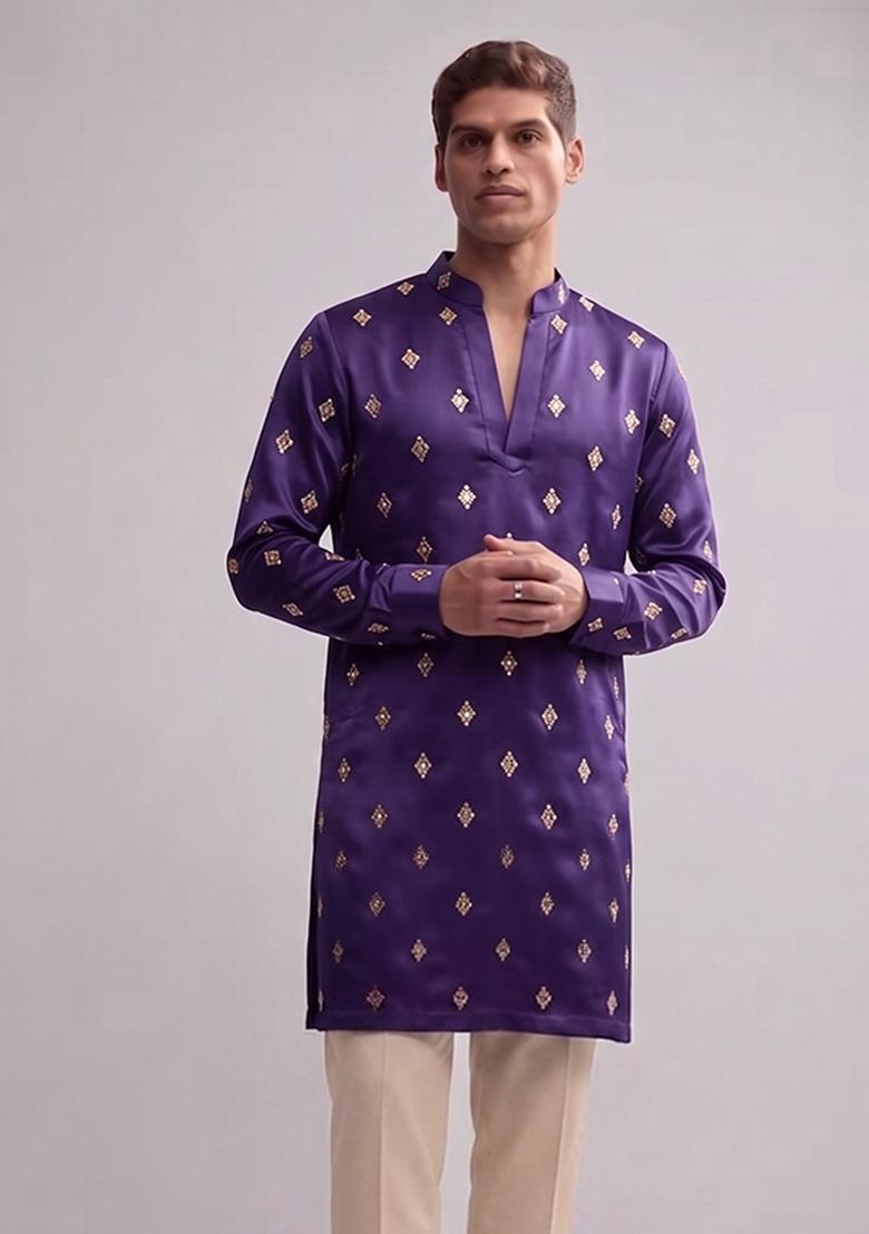 Purple Handwork Silk Blend Kurta Set - Indya