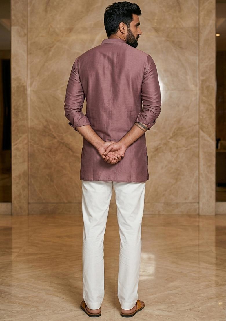 Dusty Mauve Handwork Satin Kurta Set - Indya