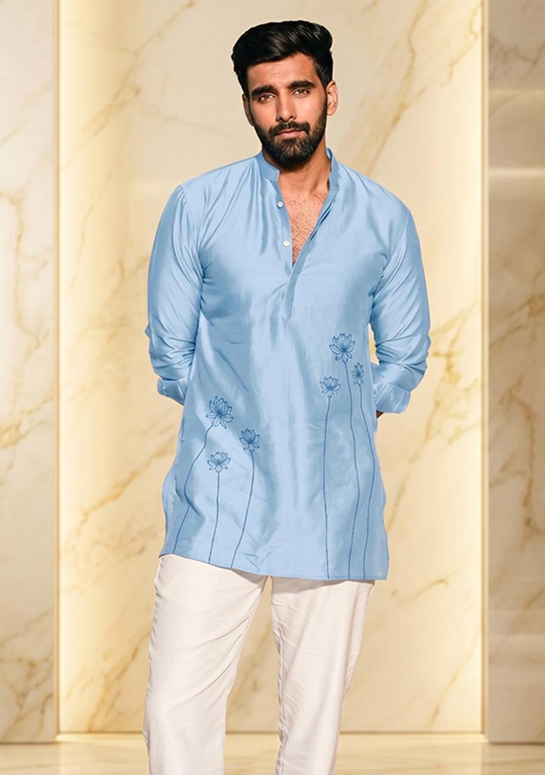 Sky Blue Handwork Satin Kurta Set - Indya