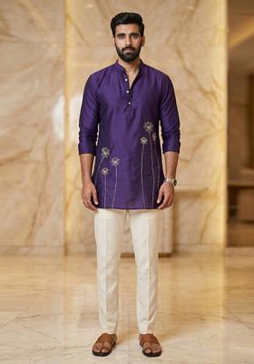 Purple Handwork Satin Kurta Set