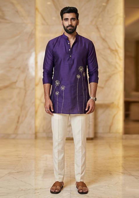 Purple Handwork Satin Kurta Set