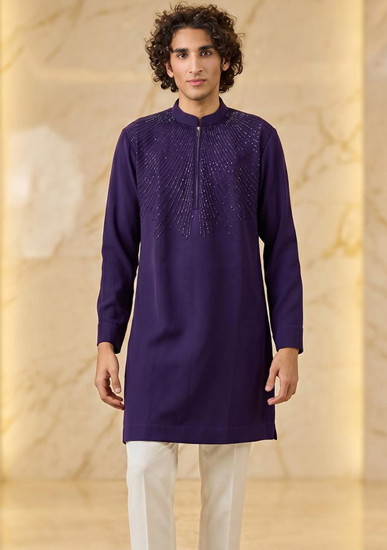 Purple Handwork Silk Blend Kurta Set - Indya