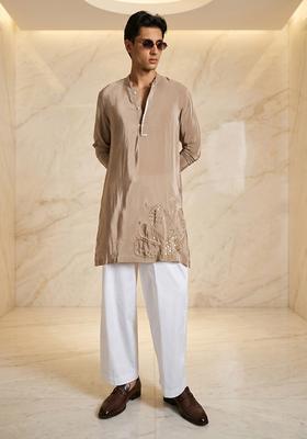 Beige Handwork Satin Kurta Set