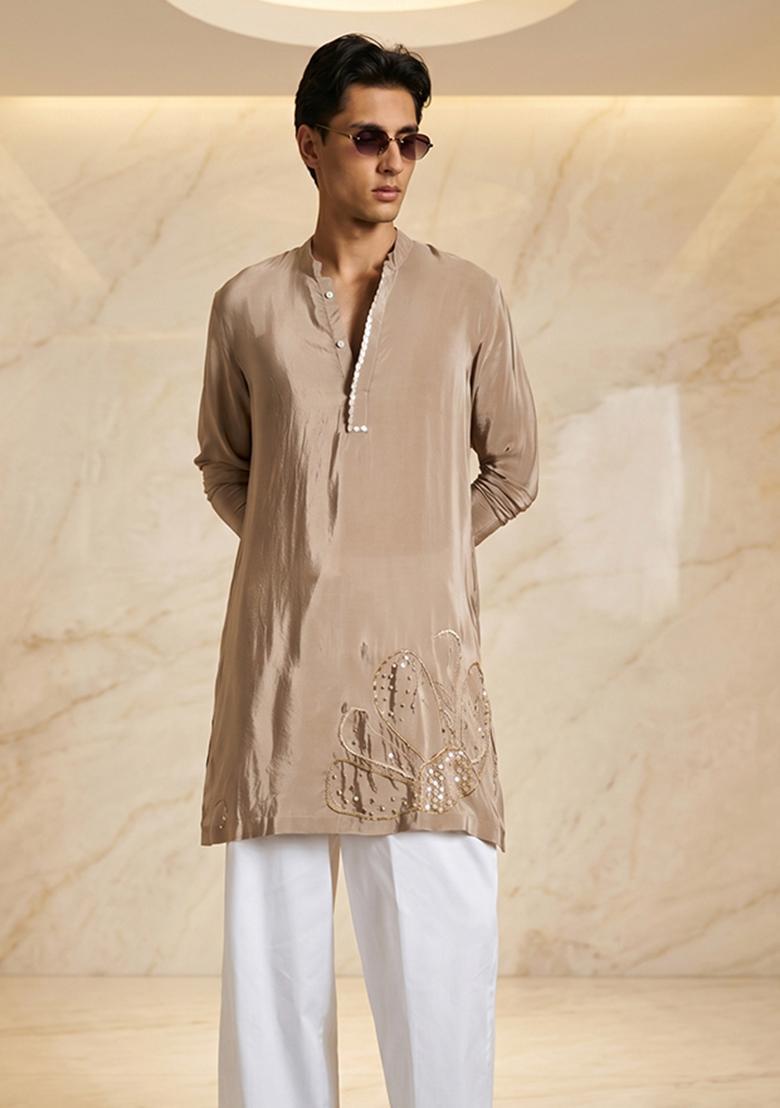 Beige Handwork Satin Kurta Set - Indya