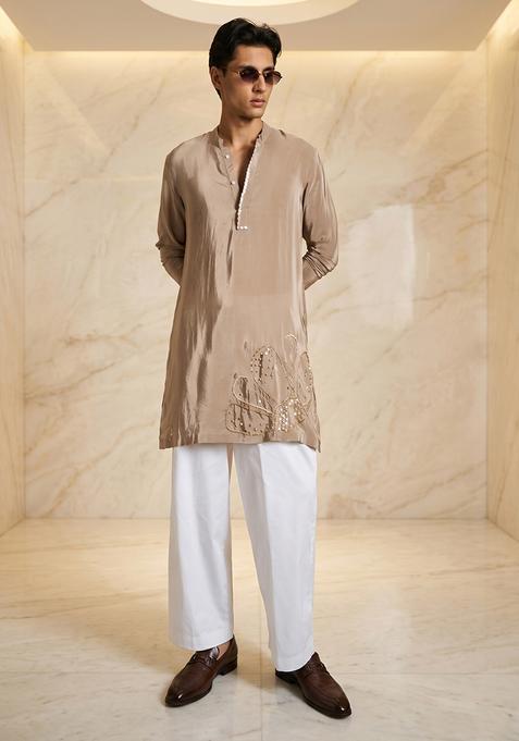 Beige Handwork Satin Kurta Set
