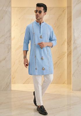 Sky Blue Handwork Silk Blend Kurta Set