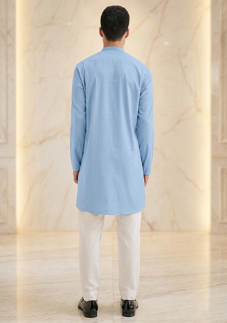 Sky Blue Handwork Silk Blend Kurta Set - Indya