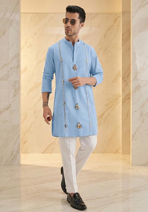 Sky Blue Handwork Silk Kurta Set