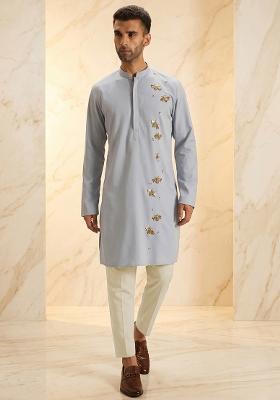 Dusty Blue Handwork Silk Blend Kurta Set