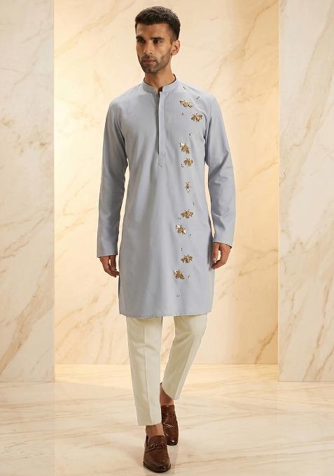 Dusty Blue Handwork Silk Kurta Set