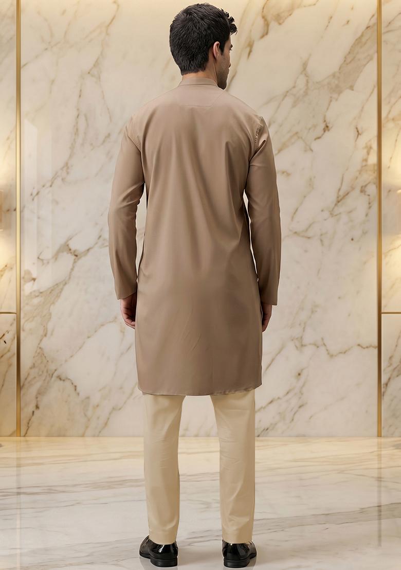 Beige Handwork Satin Kurta Set - Indya