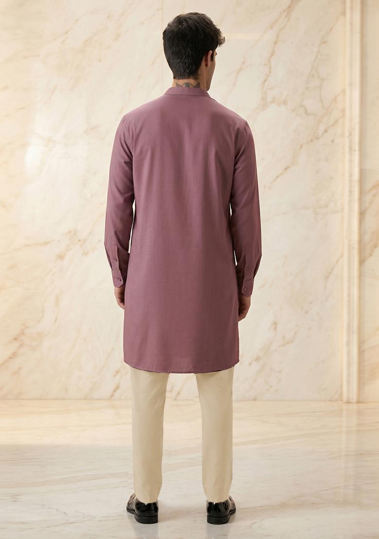Dusty Mauve Handwork Satin Kurta Set - Indya