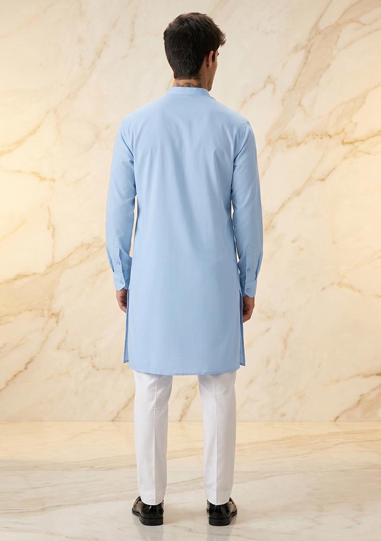 Sky Blue Handwork Satin Kurta Set - Indya