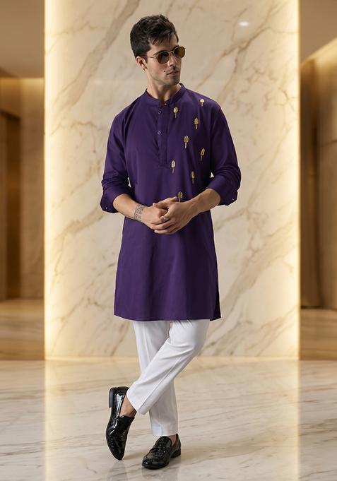 Purple Handwork Satin Kurta Set
