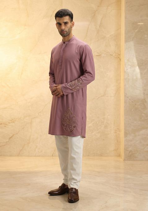 Dusty Mauve Handwork Satin Kurta Set