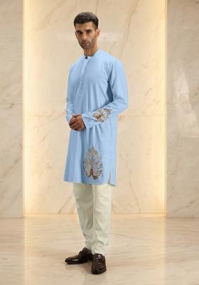 Sky Blue Handwork Satin Kurta Set