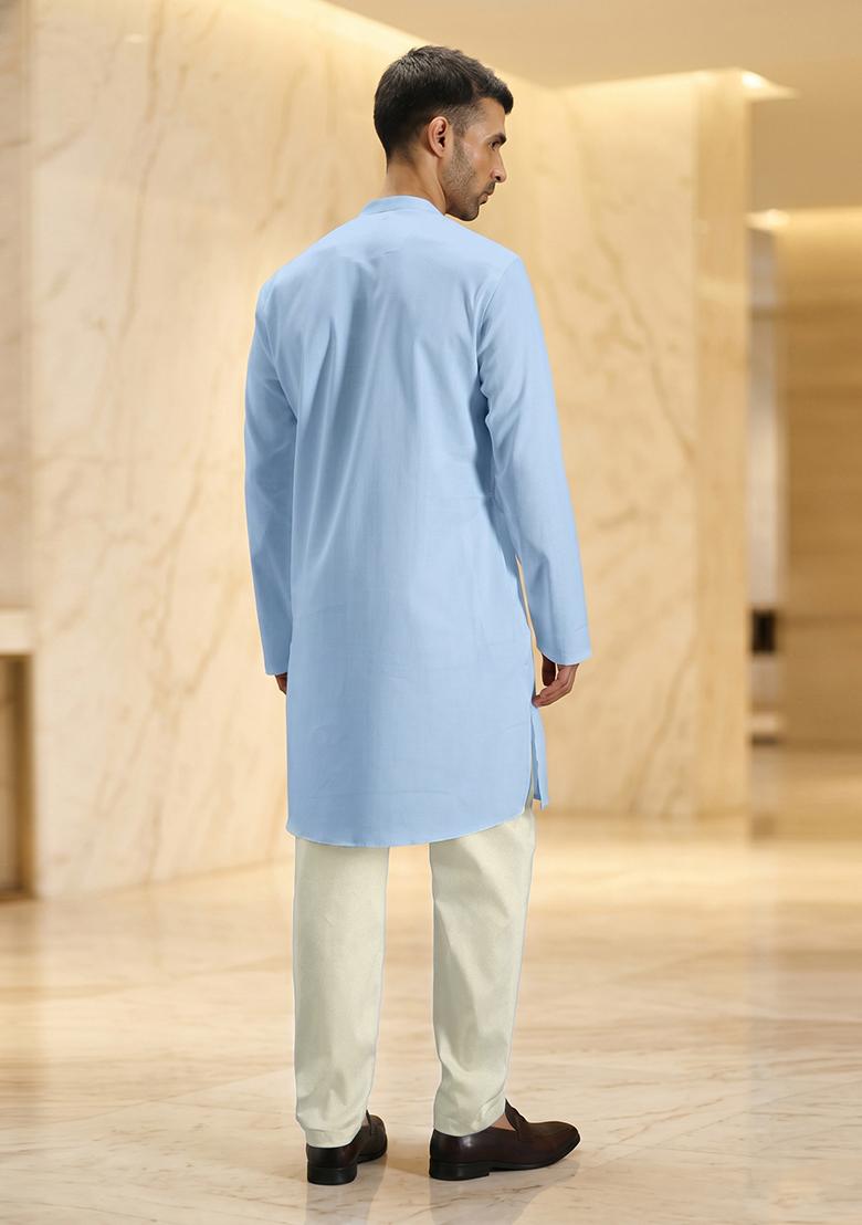 Sky Blue Handwork Satin Kurta Set - Indya