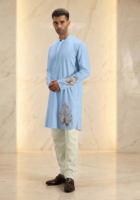 Sky Blue Handwork Satin Kurta Set