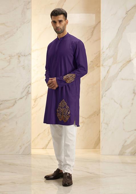 Purple Handwork Satin Kurta Set