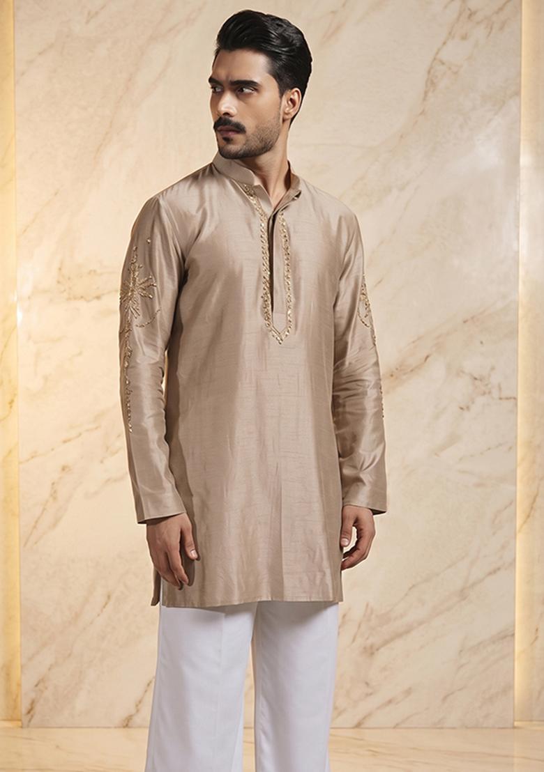 Beige Handwork Silk Blend Kurta Set - Indya